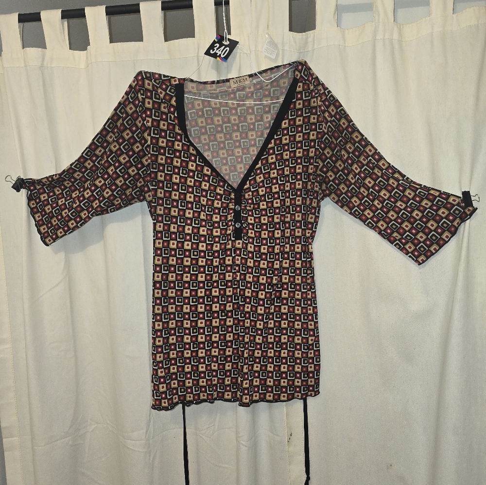 #340 Red Geometric Patterned Belted Blouse - image 3